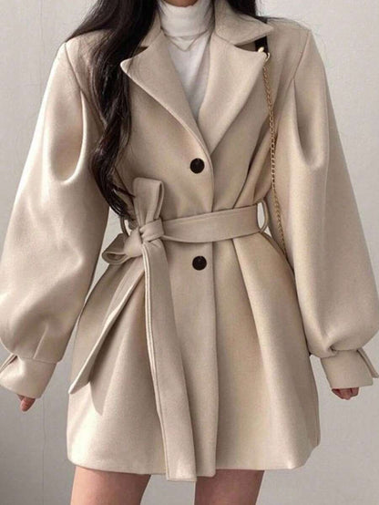 Double Breasted Belted Tweed Jacket – Elegant Long Coat