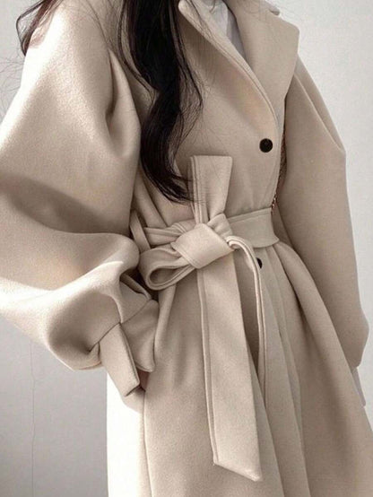 Double Breasted Belted Tweed Jacket – Elegant Long Coat
