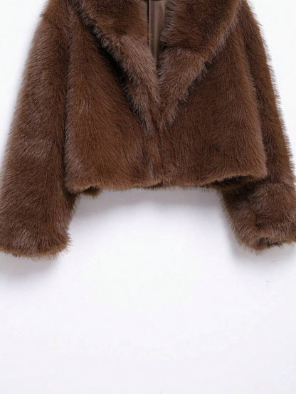 Faux Fur Collar Jacket – Women's Winter Coat – Date Brown Casual Outerwear