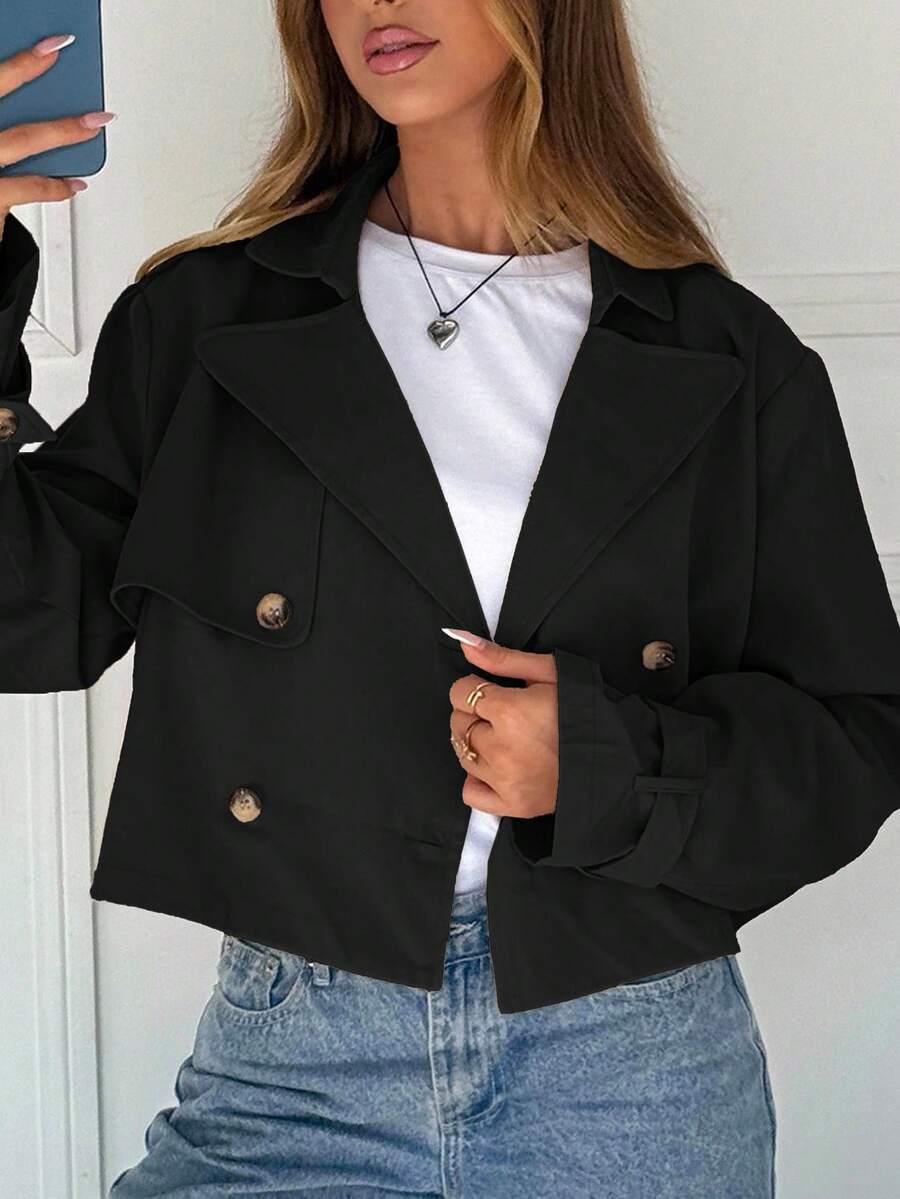 Women Double Breasted Cropped Jacket – Apricot Bomber Style – Oversized Casual Fit