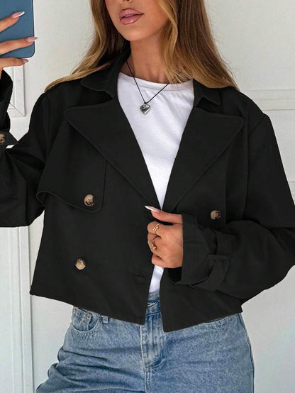 Women Double Breasted Cropped Jacket – Apricot Bomber Style – Oversized Casual Fit