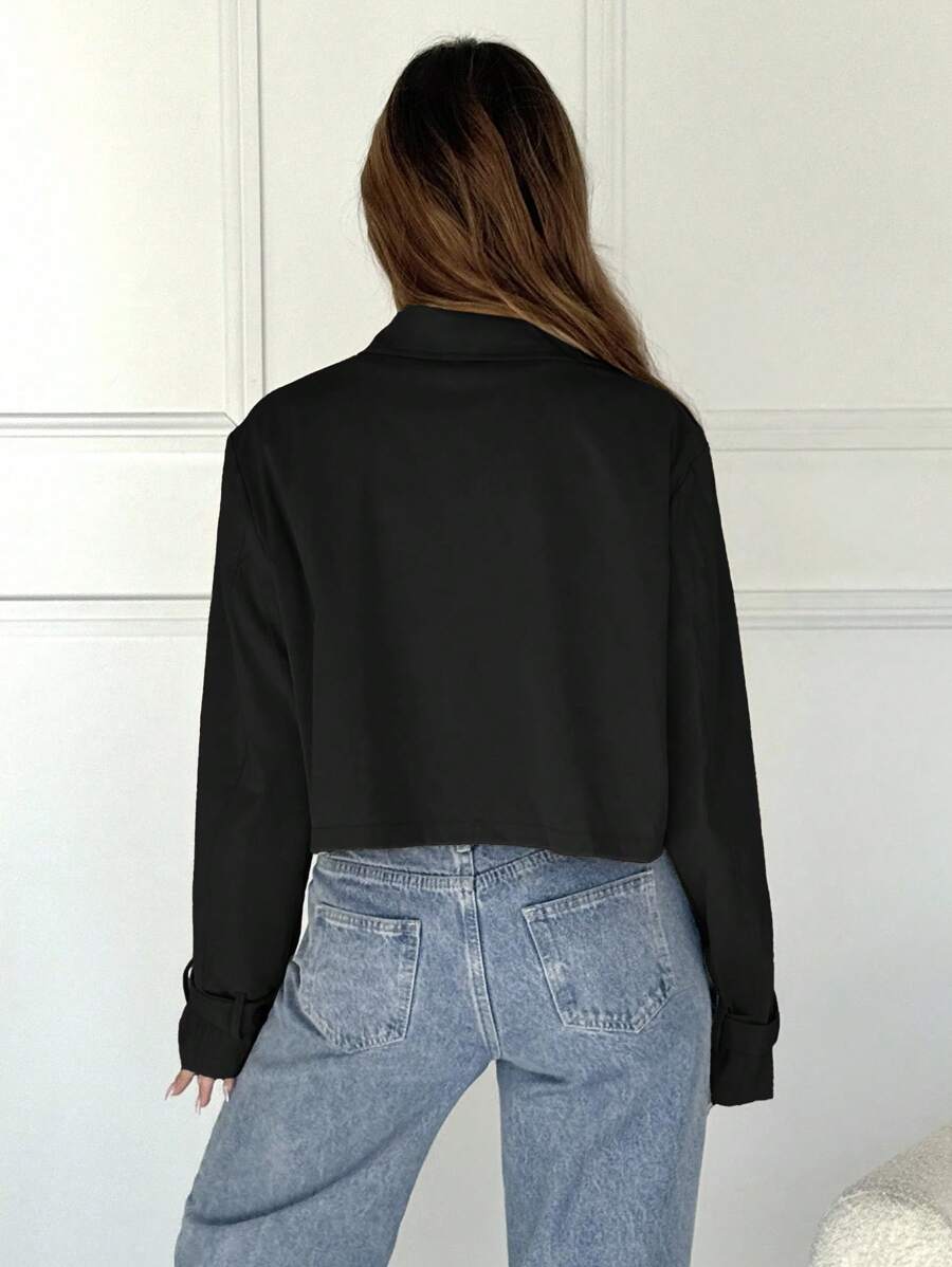 Women Double Breasted Cropped Jacket – Apricot Bomber Style – Oversized Casual Fit