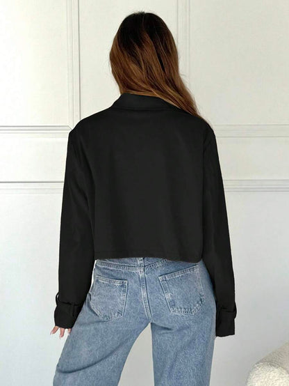 Women Double Breasted Cropped Jacket – Apricot Bomber Style – Oversized Casual Fit
