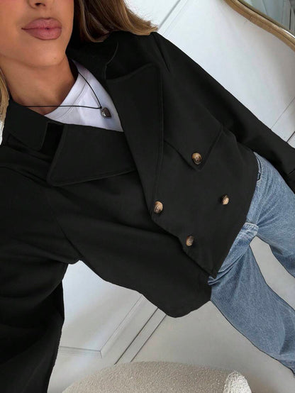 Women Double Breasted Cropped Jacket – Apricot Bomber Style – Oversized Casual Fit