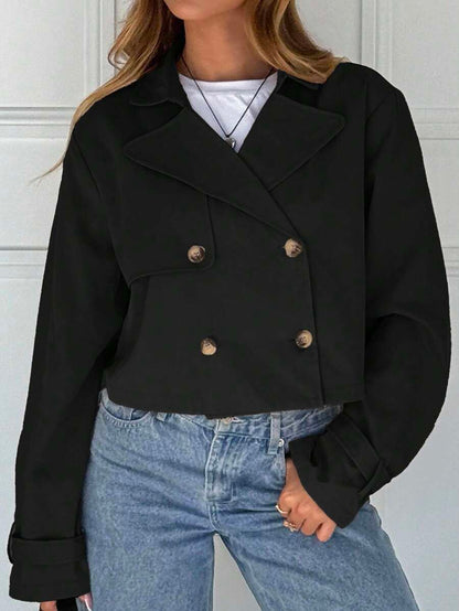 Women Double Breasted Cropped Jacket – Apricot Bomber Style – Oversized Casual Fit