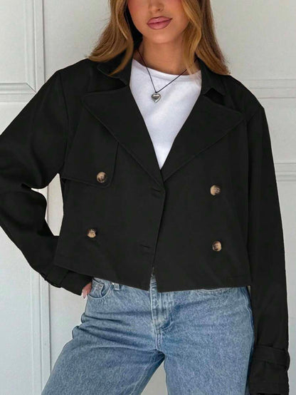 Women Double Breasted Cropped Jacket – Apricot Bomber Style – Oversized Casual Fit