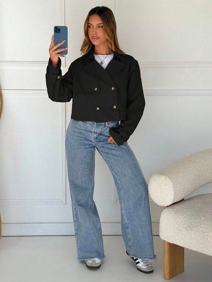Women Double Breasted Cropped Jacket – Apricot Bomber Style – Oversized Casual Fit