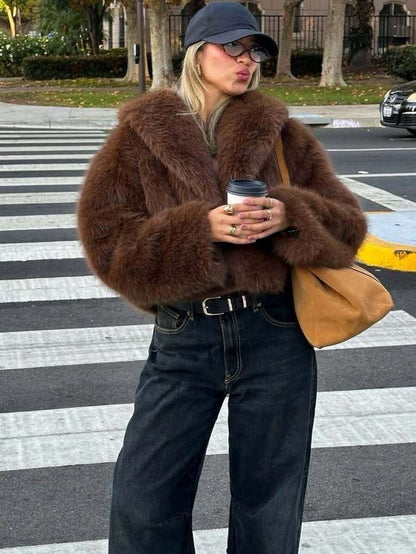 Faux Fur Collar Jacket – Women's Winter Coat – Date Brown Casual Outerwear