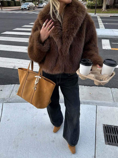 Faux Fur Collar Jacket – Women's Winter Coat – Date Brown Casual Outerwear