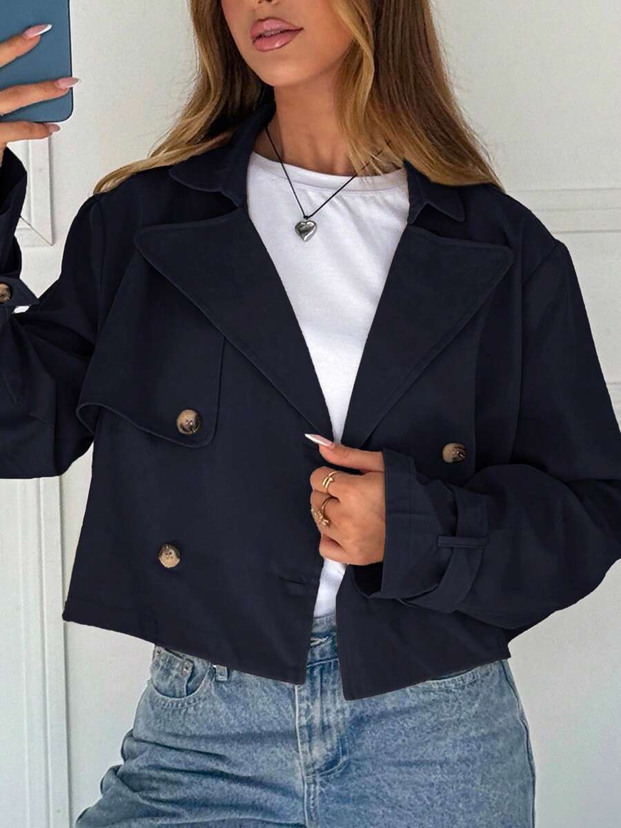 Women Double Breasted Cropped Jacket – Apricot Bomber Style – Oversized Casual Fit