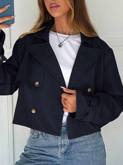 Women Double Breasted Cropped Jacket – Apricot Bomber Style – Oversized Casual Fit