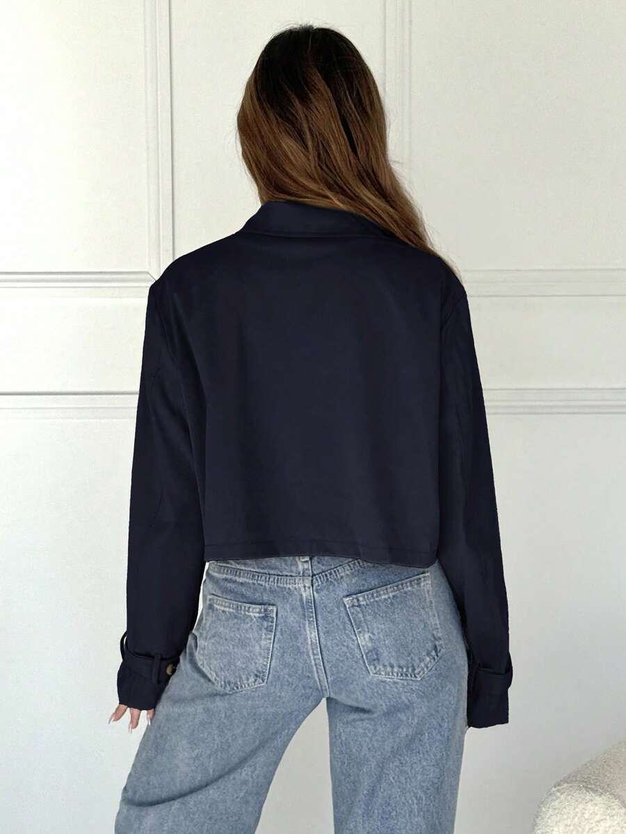 Women Double Breasted Cropped Jacket – Apricot Bomber Style – Oversized Casual Fit