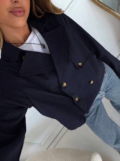 Women Double Breasted Cropped Jacket – Apricot Bomber Style – Oversized Casual Fit
