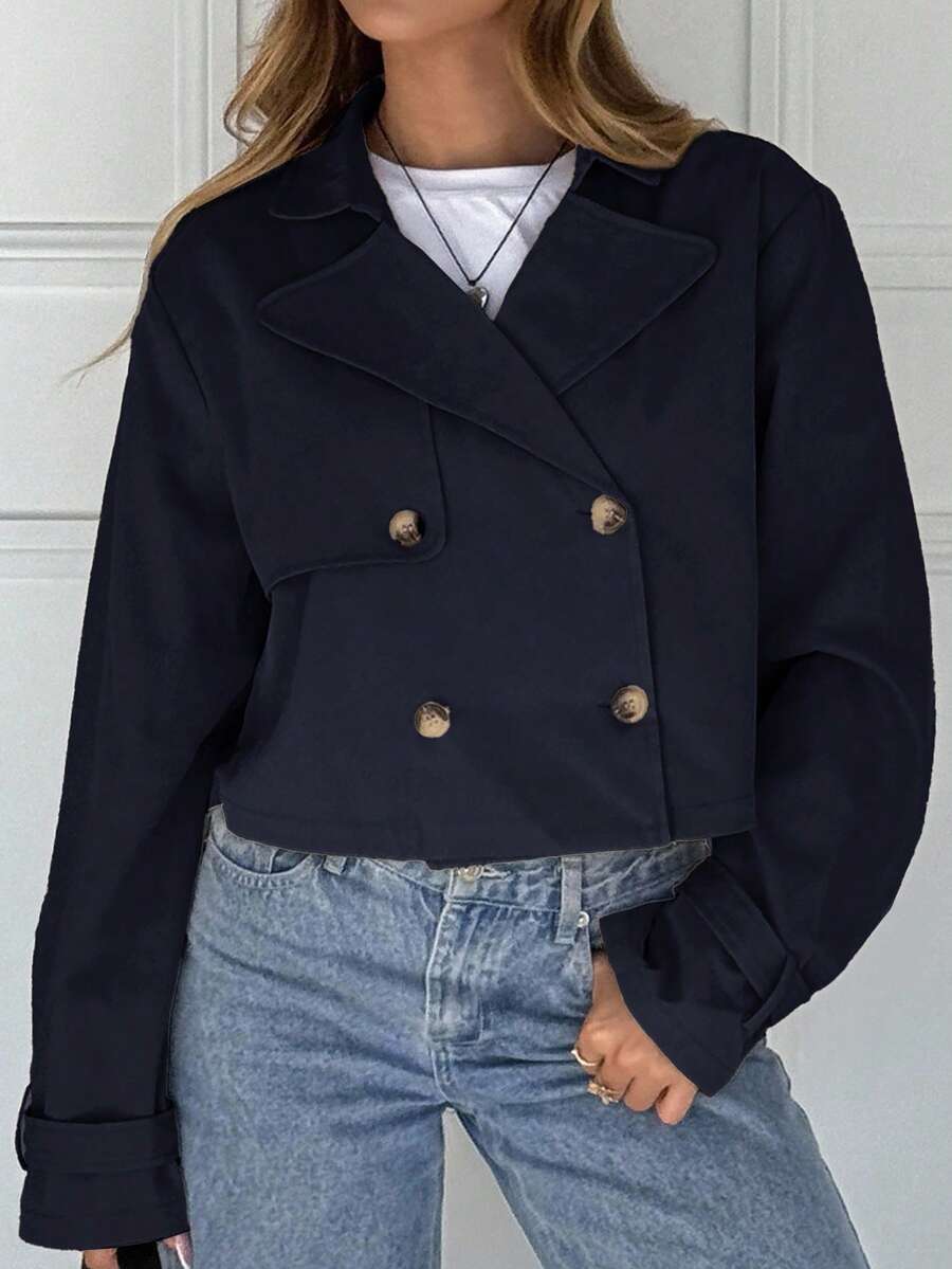 Women Double Breasted Cropped Jacket – Apricot Bomber Style – Oversized Casual Fit