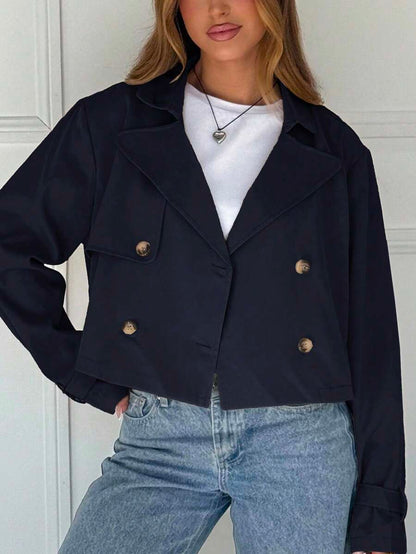 Women Double Breasted Cropped Jacket – Apricot Bomber Style – Oversized Casual Fit