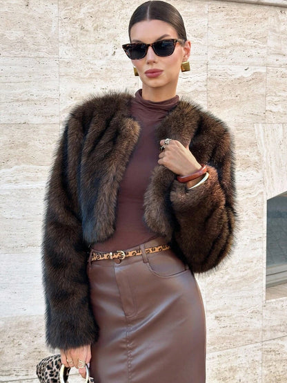 Faux Fur Fluffy Coat – Women's Cropped Winter Jacket – Long Sleeve