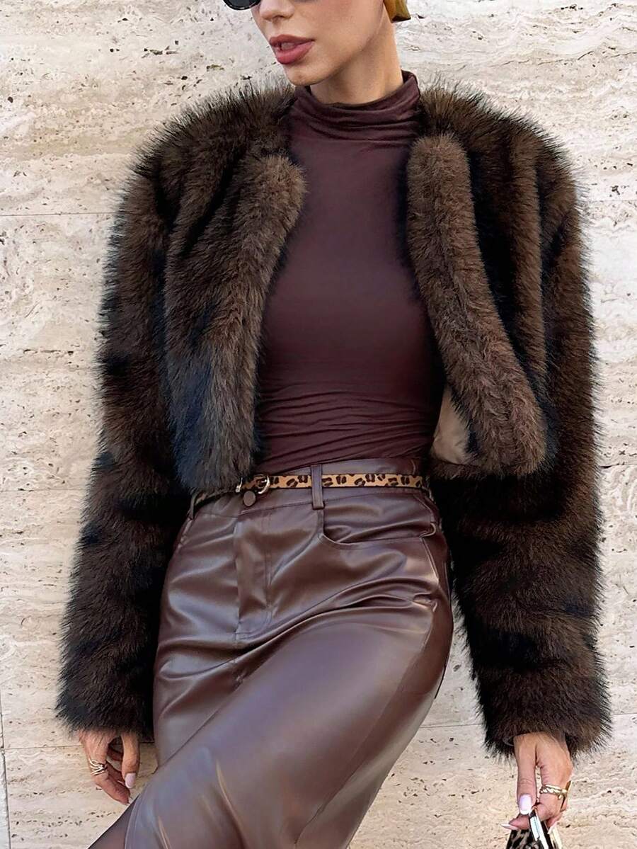 Faux Fur Fluffy Coat – Women's Cropped Winter Jacket – Long Sleeve