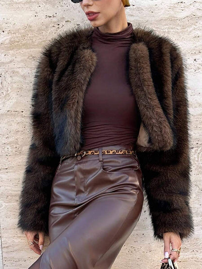 Faux Fur Fluffy Coat – Women's Cropped Winter Jacket – Long Sleeve