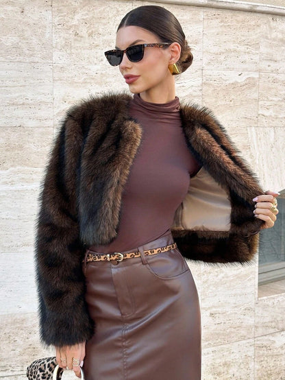Faux Fur Fluffy Coat – Women's Cropped Winter Jacket – Long Sleeve