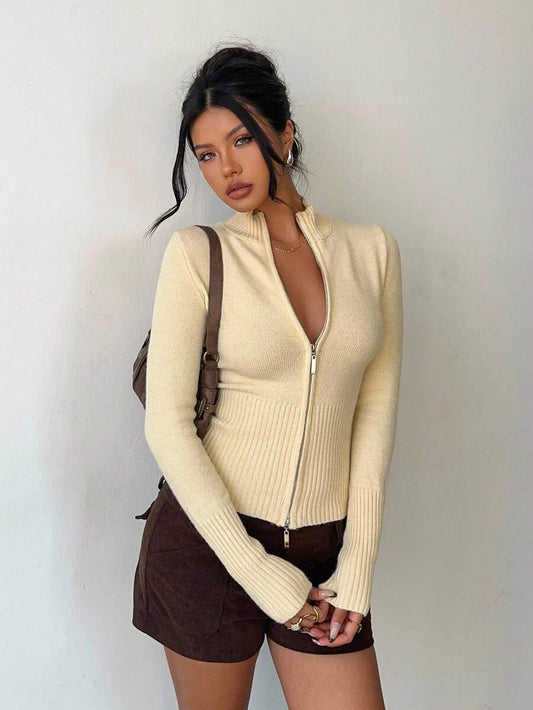 Women Ribbed Zip Neck Sweater – Slim Fit Long Sleeve – Yellow Casual Knit