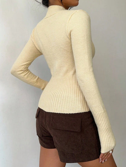 Women Ribbed Zip Neck Sweater – Slim Fit Long Sleeve – Yellow Casual Knit