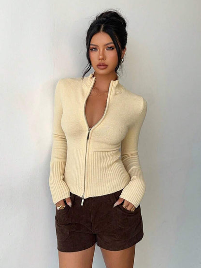 Women Ribbed Zip Neck Sweater – Slim Fit Long Sleeve – Yellow Casual Knit
