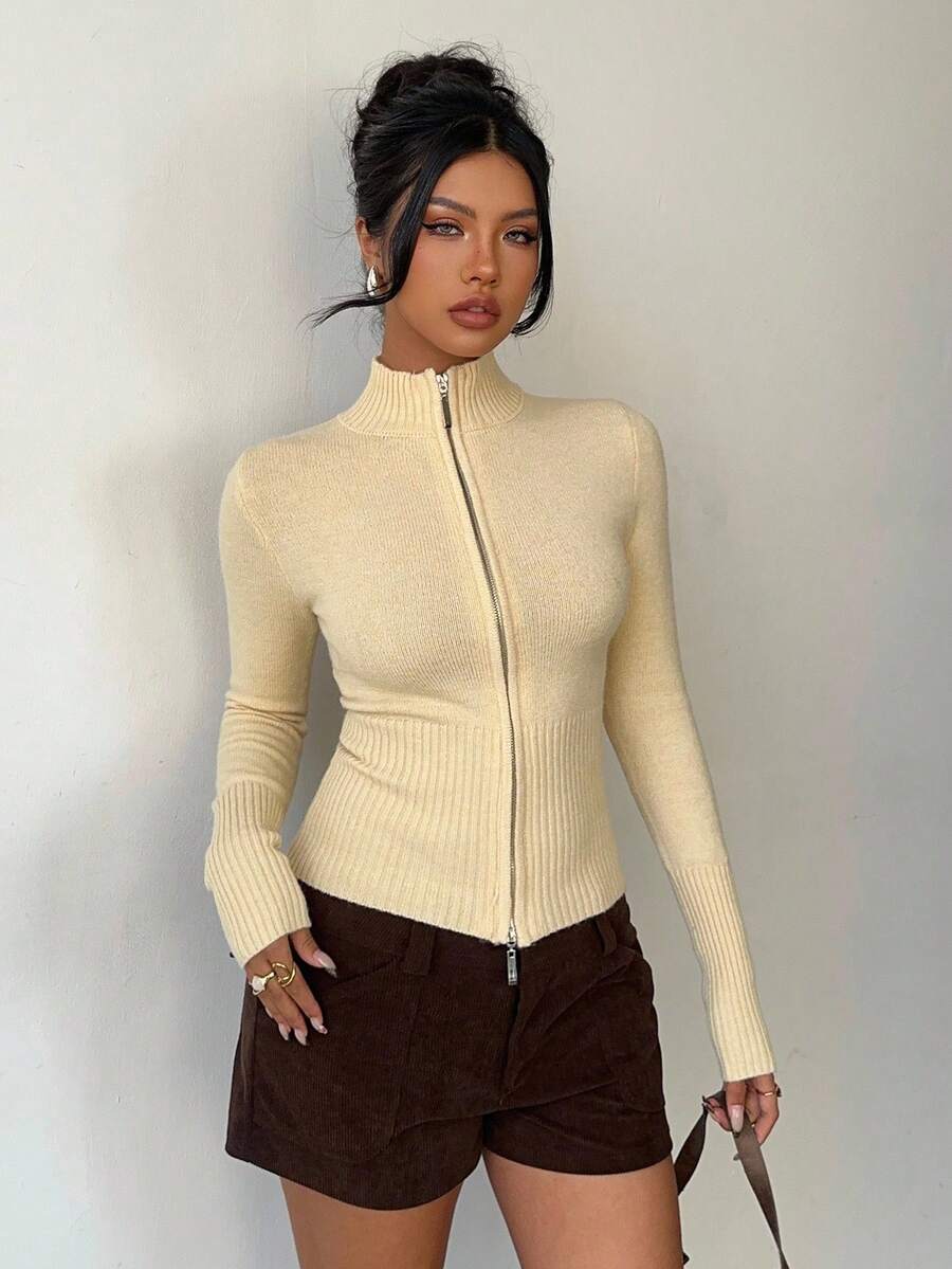 Women Ribbed Zip Neck Sweater – Slim Fit Long Sleeve – Yellow Casual Knit