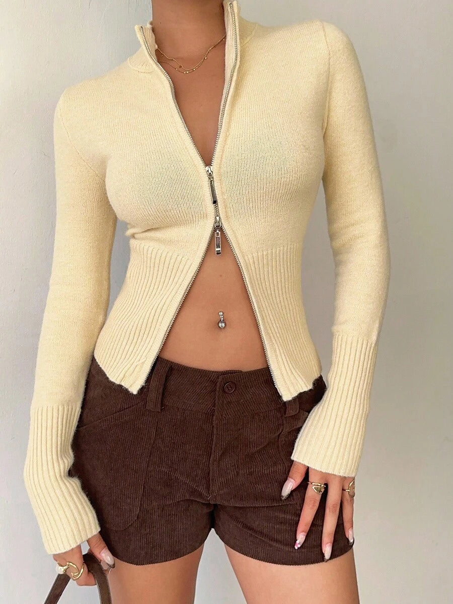 Women Ribbed Zip Neck Sweater – Slim Fit Long Sleeve – Yellow Casual Knit