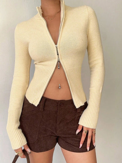 Women Ribbed Zip Neck Sweater – Slim Fit Long Sleeve – Yellow Casual Knit