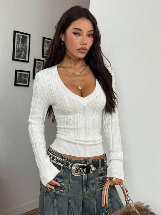 Vintage Ribbed Scoop Neck Sweater – Autumn / Winter – Y2K Knit Pullover