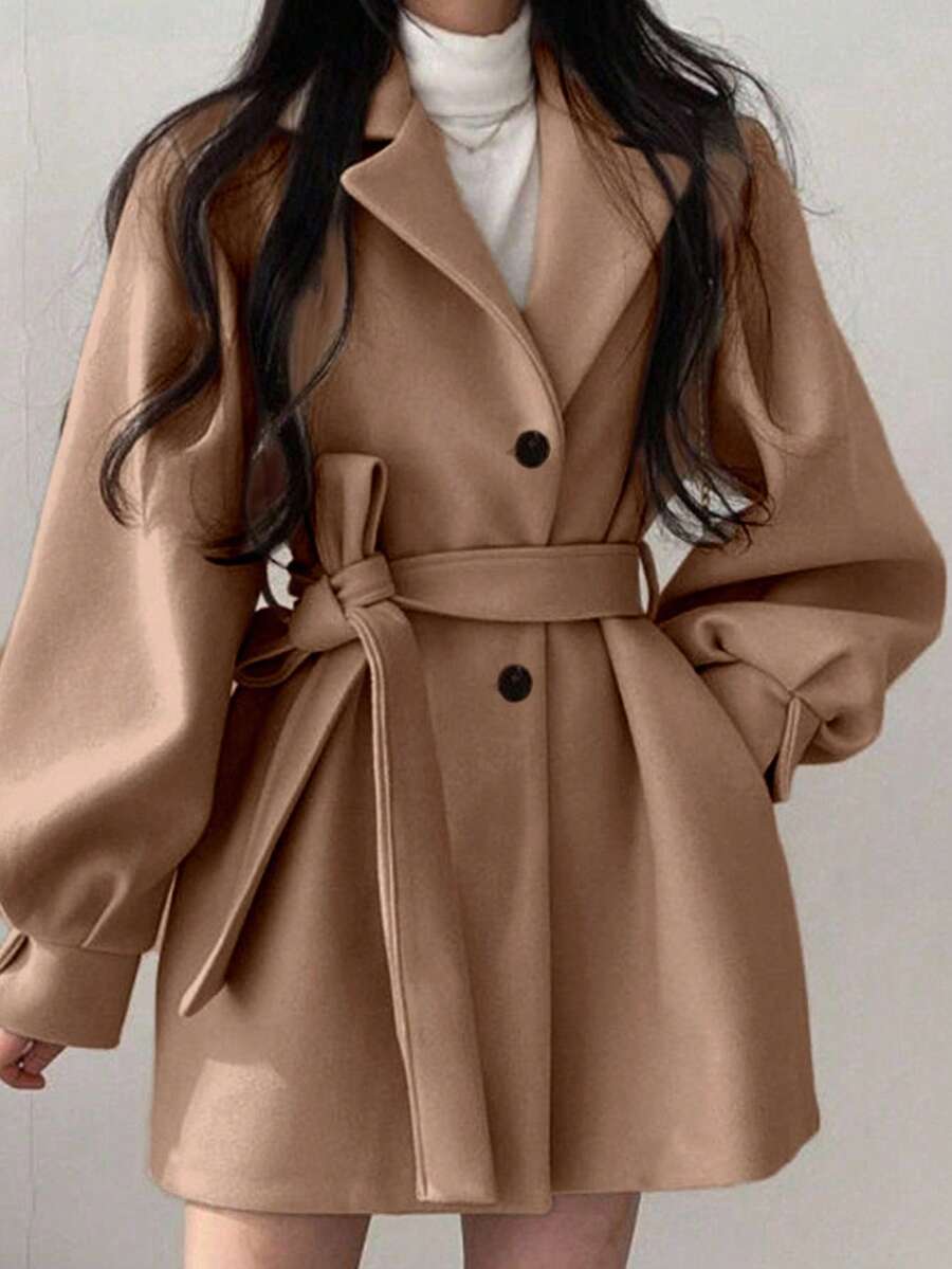 Double Breasted Belted Tweed Jacket – Elegant Long Coat