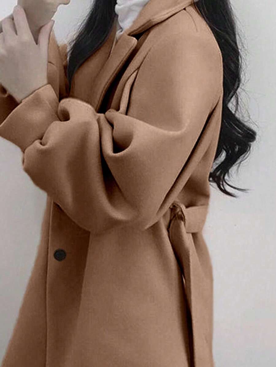 Double Breasted Belted Tweed Jacket – Elegant Long Coat