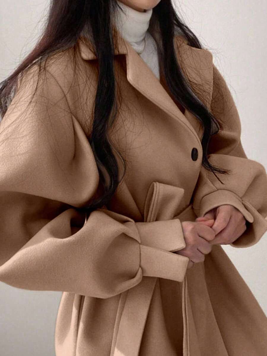 Double Breasted Belted Tweed Jacket – Elegant Long Coat