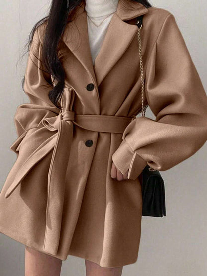 Double Breasted Belted Tweed Jacket – Elegant Long Coat