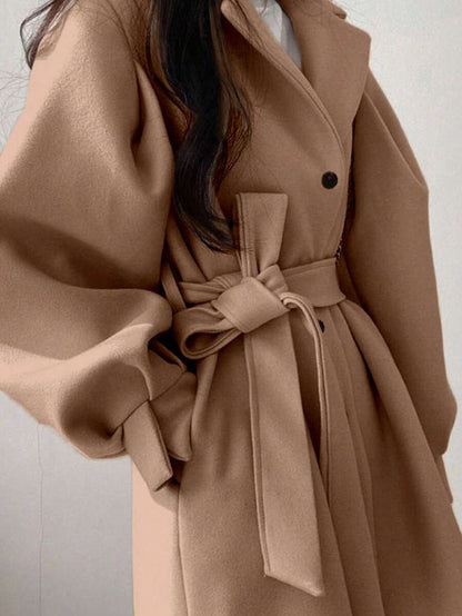 Double Breasted Belted Tweed Jacket – Elegant Long Coat