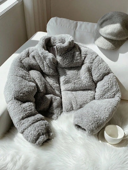 Faux Shearling Cropped Puffer Jacket – Beige – Winter Coat