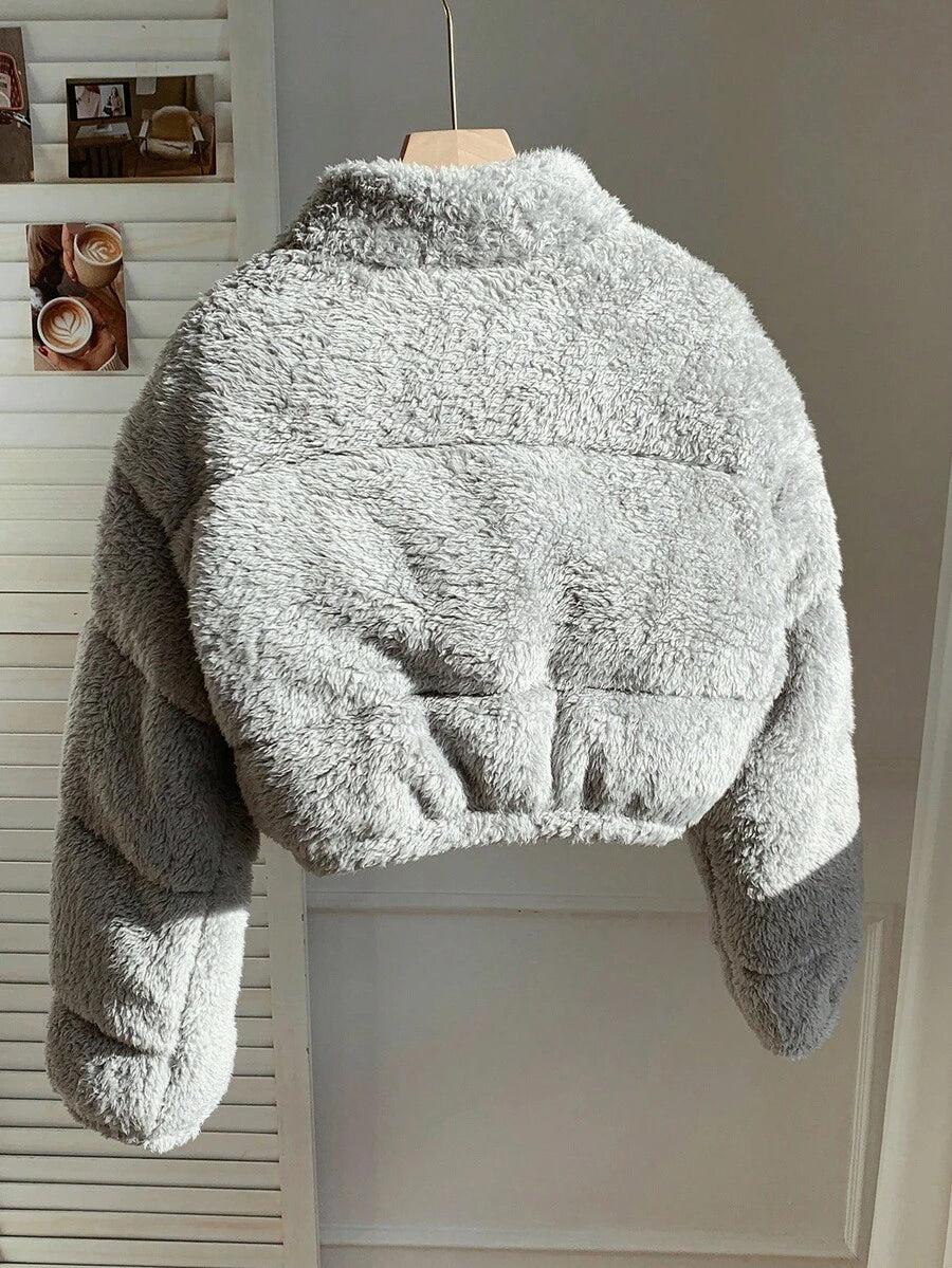 Faux Shearling Cropped Puffer Jacket – Beige – Winter Coat