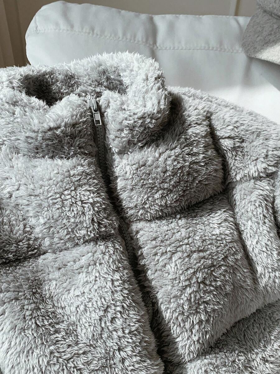 Faux Shearling Cropped Puffer Jacket – Beige – Winter Coat
