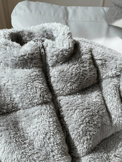Faux Shearling Cropped Puffer Jacket – Beige – Winter Coat