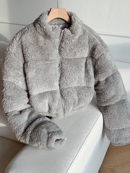 Faux Shearling Cropped Puffer Jacket – Beige – Winter Coat