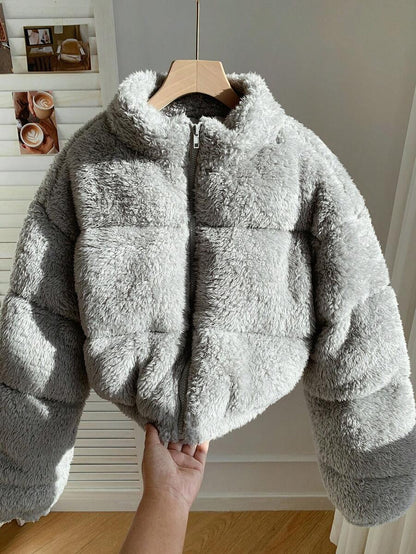Faux Shearling Cropped Puffer Jacket – Beige – Winter Coat