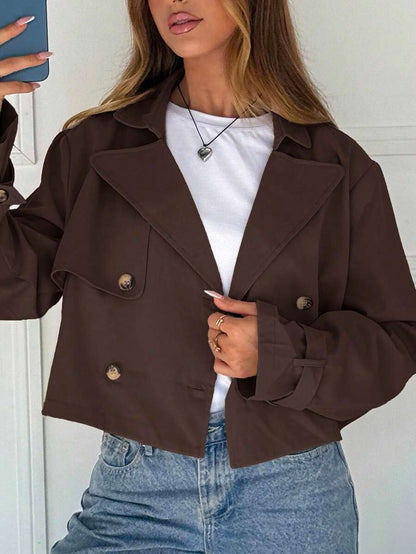 Women Double Breasted Cropped Jacket – Apricot Bomber Style – Oversized Casual Fit