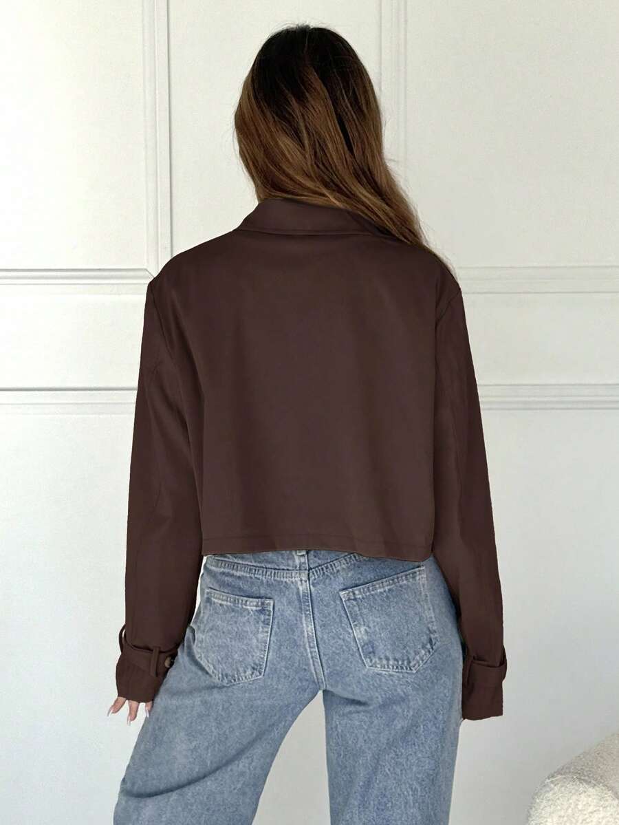 Women Double Breasted Cropped Jacket – Apricot Bomber Style – Oversized Casual Fit