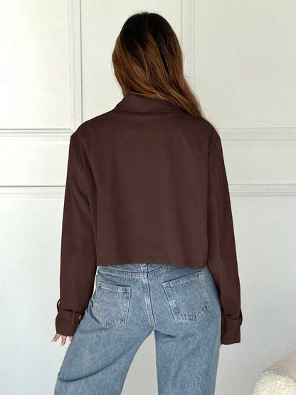 Women Double Breasted Cropped Jacket – Apricot Bomber Style – Oversized Casual Fit