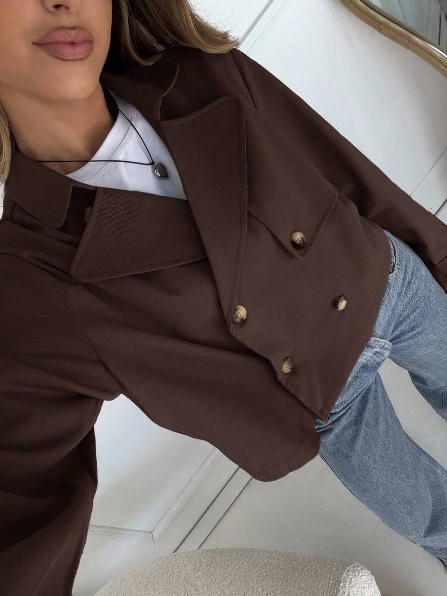 Women Double Breasted Cropped Jacket – Apricot Bomber Style – Oversized Casual Fit