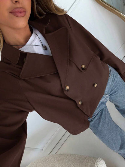 Women Double Breasted Cropped Jacket – Apricot Bomber Style – Oversized Casual Fit