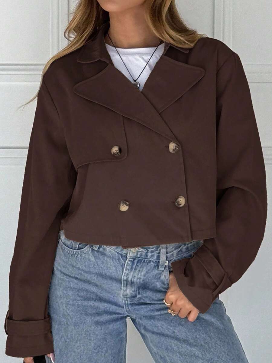 Women Double Breasted Cropped Jacket – Apricot Bomber Style – Oversized Casual Fit