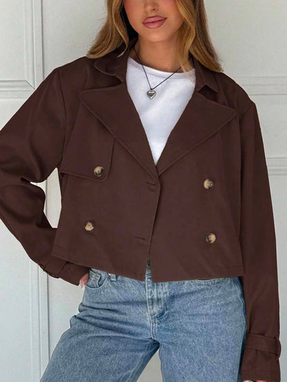 Women Double Breasted Cropped Jacket – Apricot Bomber Style – Oversized Casual Fit