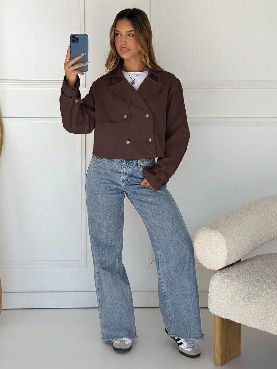 Women Double Breasted Cropped Jacket – Apricot Bomber Style – Oversized Casual Fit