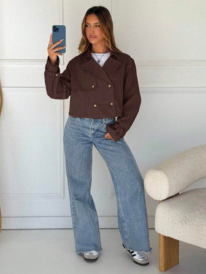 Women Double Breasted Cropped Jacket – Apricot Bomber Style – Oversized Casual Fit